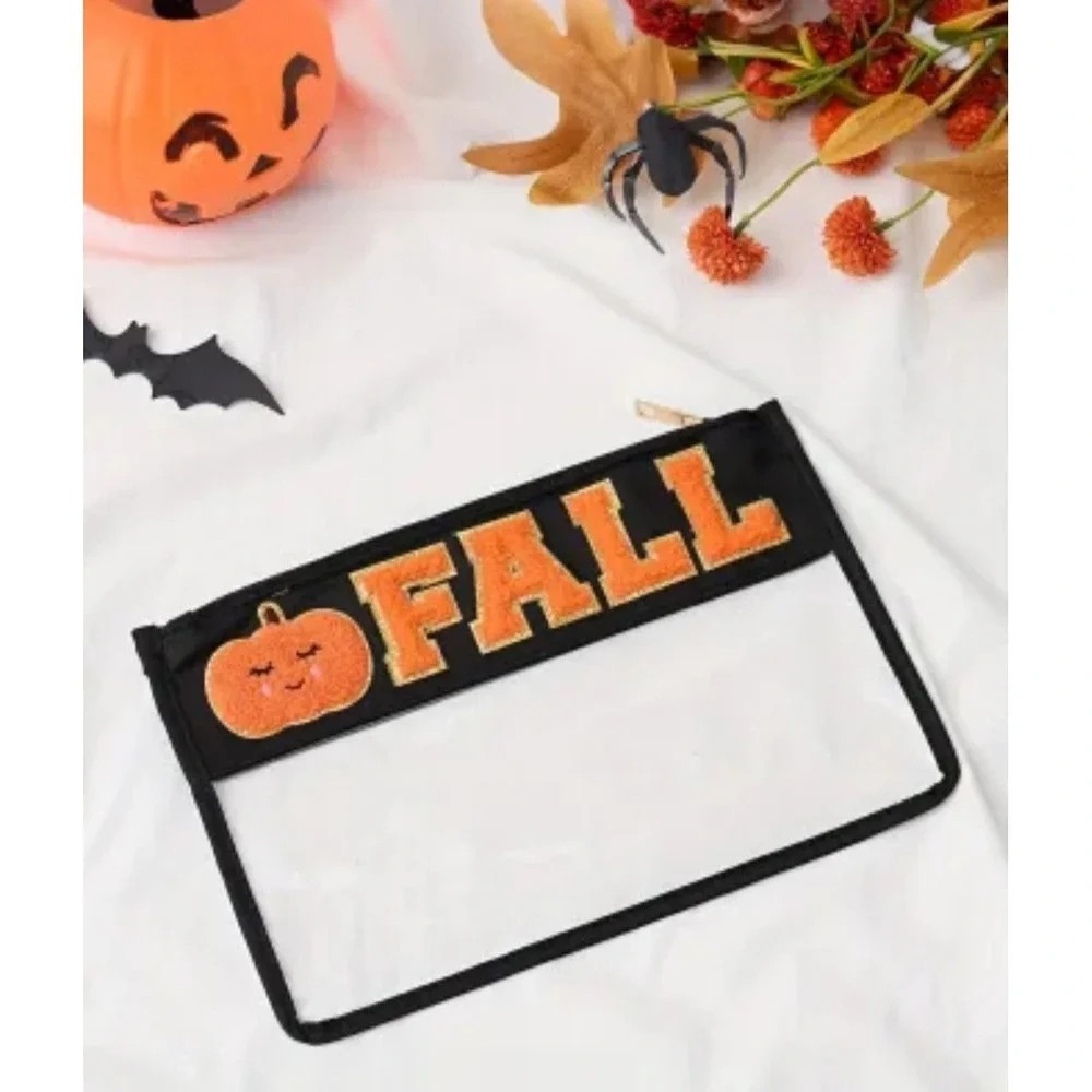 Makeup‎ Bag Fall Pumpkin Clear Cosmetic Pouch Halloween Travel Organizer NWT